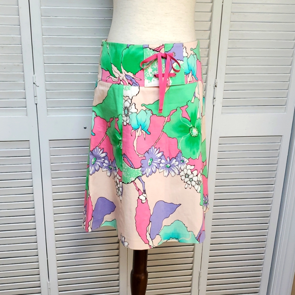 Tibi LINKS Size 10 Colorful  Floral A-Line Cotton Skirt.